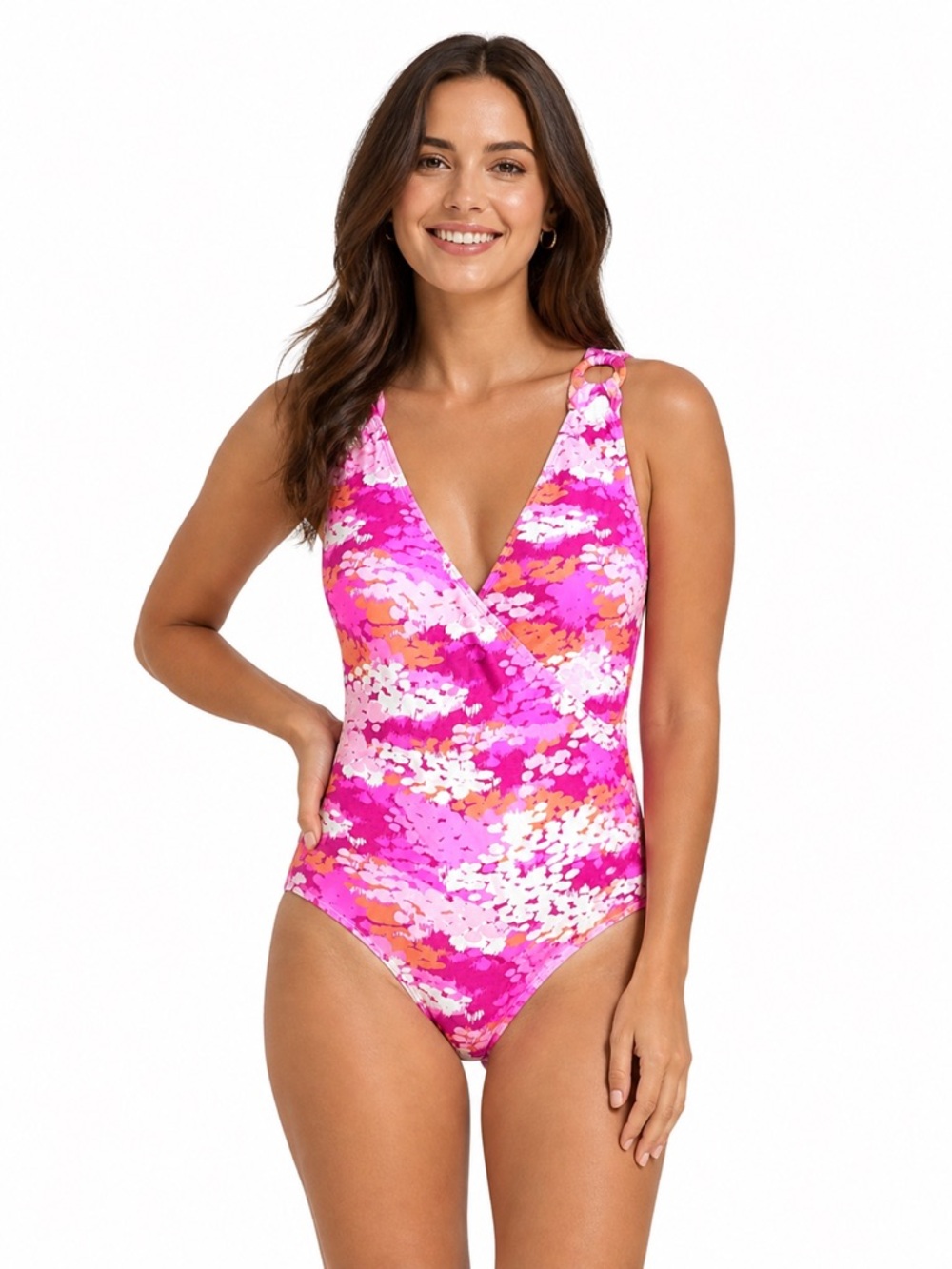 Carmen Marc Valvo One Piece Swimsuit Size 6 NWT Pink Orange Camo Print Deep V